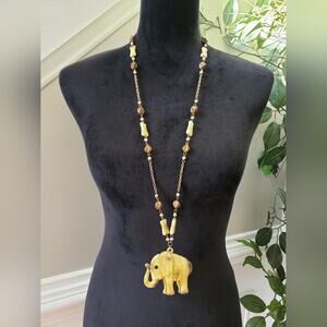 Womens White Brown Bead Tribal Style Celluloid Charm Elephant Pendant Necklace